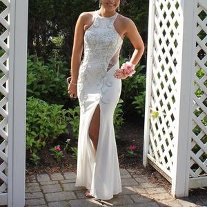Bright White Beaded Prom Gown